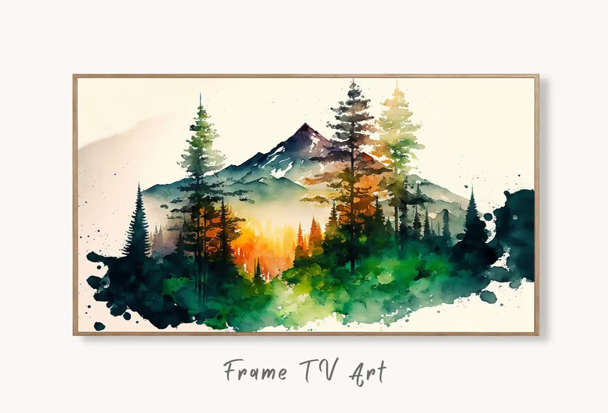 Samsung Frame TV Art 4K Watercolor Forest Mountain Landscape Digital Painting. Instant Download Forest Art for Samsung Frame TV. Art for TV – Frame TV  Art