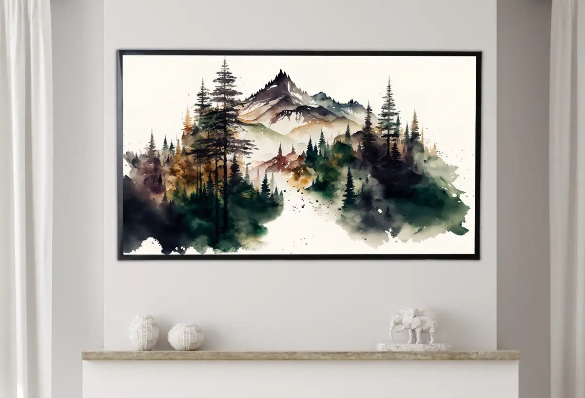 Detail view of artwork from Samsung Frame TV Art 4K Watercolor Mountain Forest Landscape Digital Painting. Instant Download Forest Art for Samsung Frame TV. Art for TV. (variation 2)