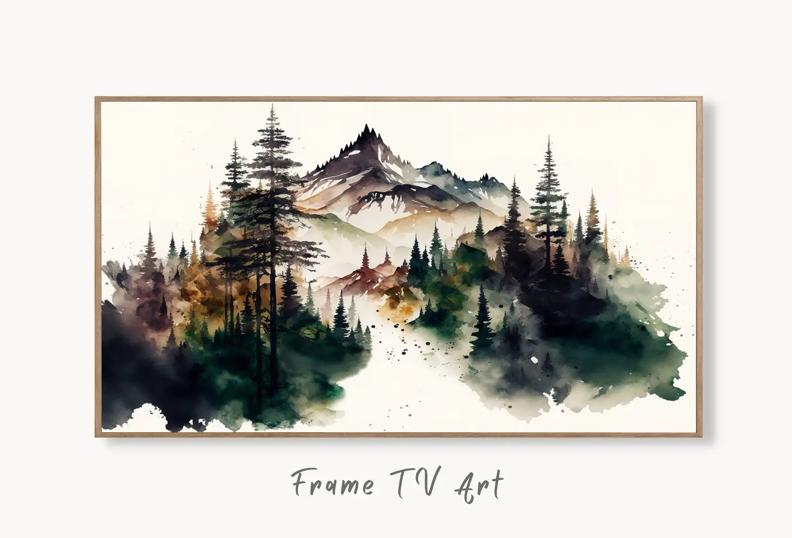 Samsung Frame TV Art 4K Watercolor Mountain Forest Landscape Digital Painting. Instant Download Forest Art for Samsung Frame TV. Art for TV displayed on Samsung Frame TV on a living room wall.