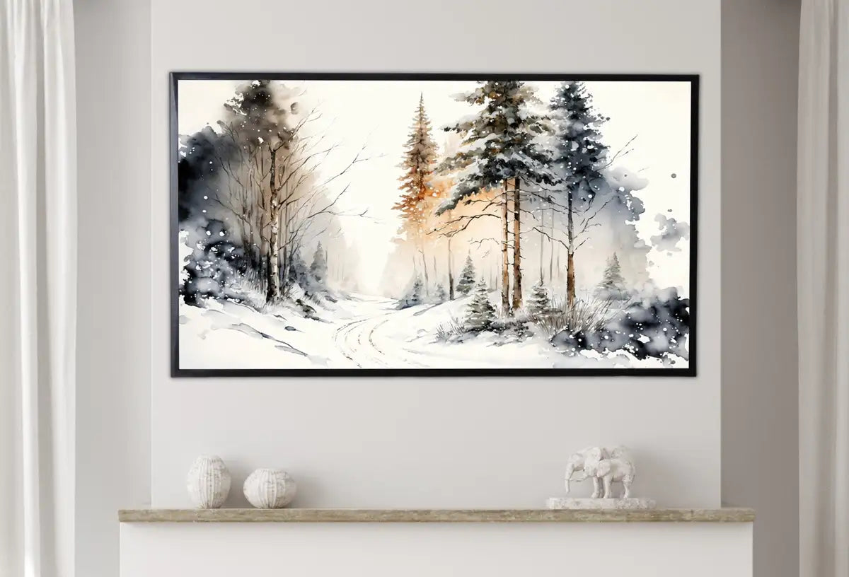 Detail view of artwork from Samsung Frame TV Art 4K Watercolor Winter Forest Trail Landscape Painting. Instant Download Winter Art for Frame TV. Nature Art for TV. (variation 2)