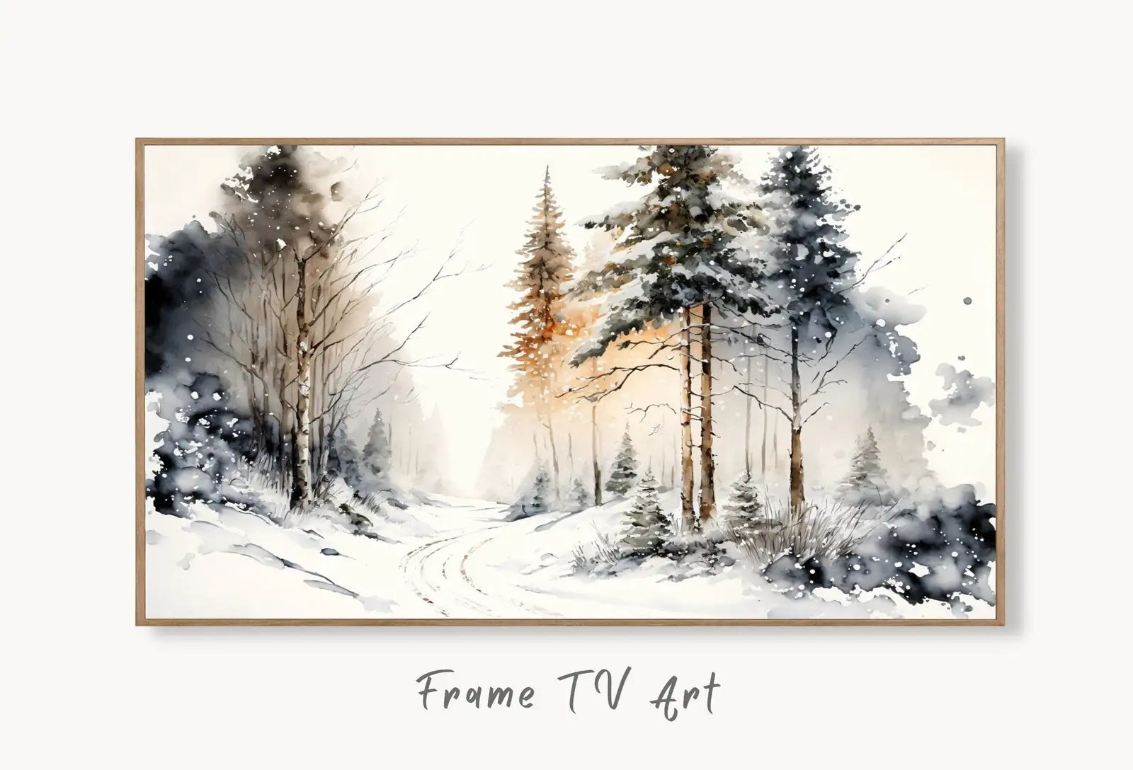Samsung Frame TV Art 4K Watercolor Winter Forest Trail Landscape Painting. Instant Download Winter Art for Frame TV. Nature Art for TV displayed on Samsung Frame TV on a living room wall.