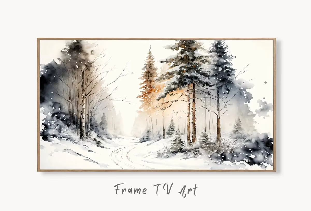 Samsung Frame TV Art 4K Watercolor Winter Forest Trail Landscape Painting. Instant Download Winter Art for Frame TV. Nature Art for TV – Frame TV  Art