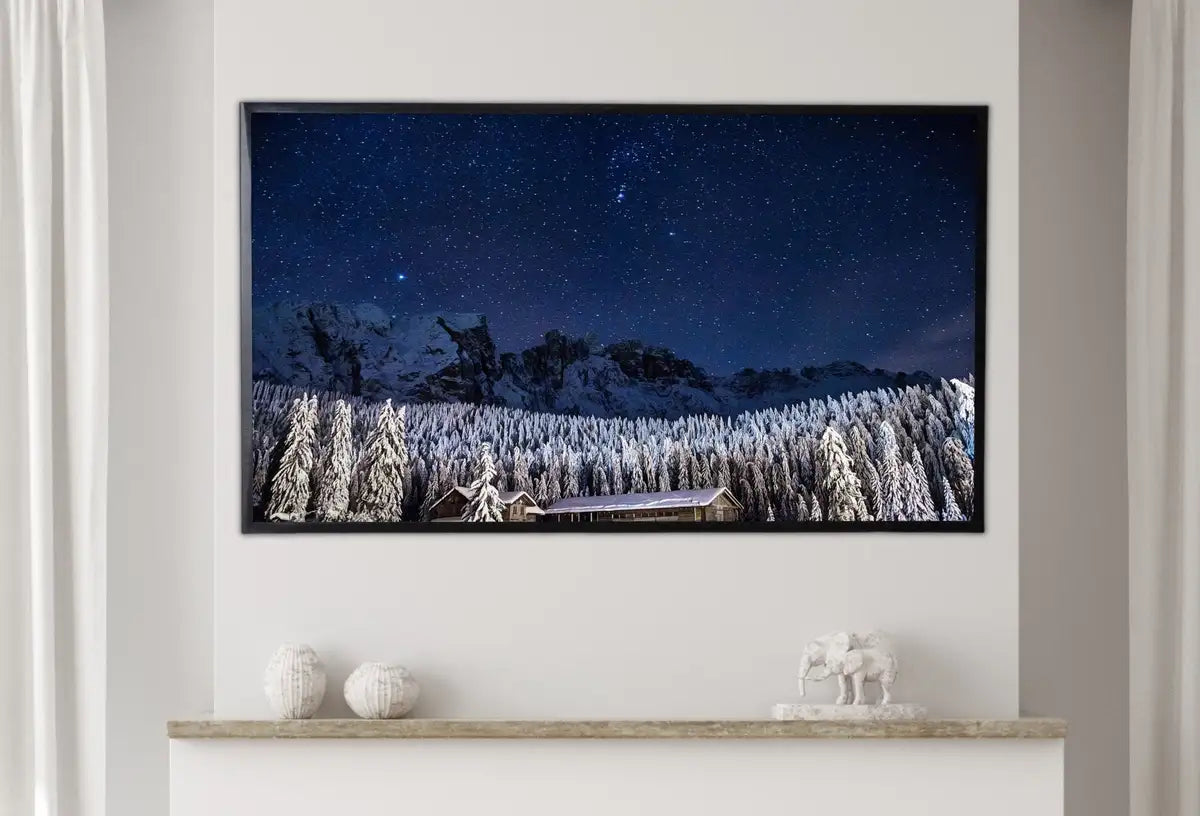 Detail view of artwork from Samsung Frame TV Art 4K Winter Cabin. Snowy Mountains at Night. Landscape Digital Painting. Instant Download Winter Art for Samsung Frame TV. (variation 2)