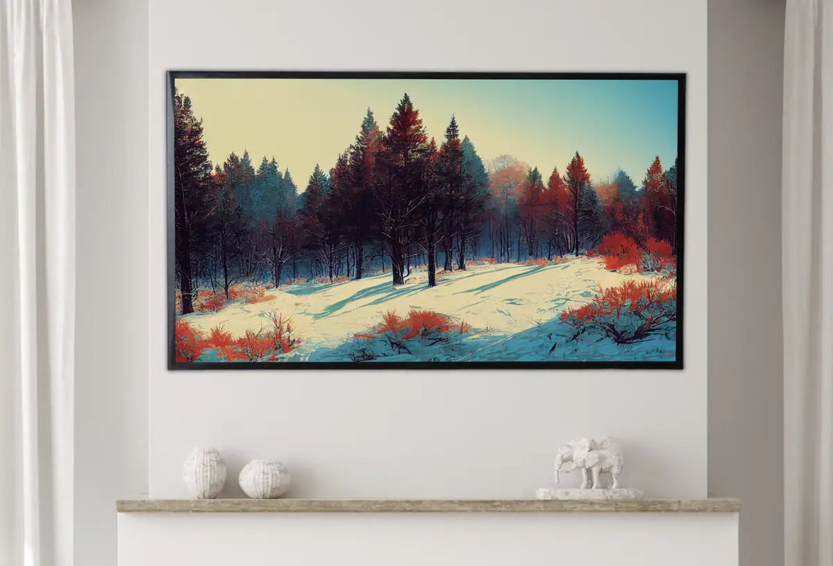 Detail view of artwork from Samsung Frame TV Art 4K Winter Forest Country Scenery Landscape. Instant Download Rustic Winter Art for the Frame TV. Landscape Art for TV. (variation 1)