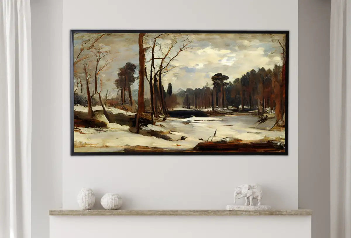 Detail view of artwork from Samsung Frame TV Art 4K Winter Landscape Rustic Digital Painting. Instant Download Muted Snow Art for the Samsung Frame TV. Moody Art for TV. (variation 2)