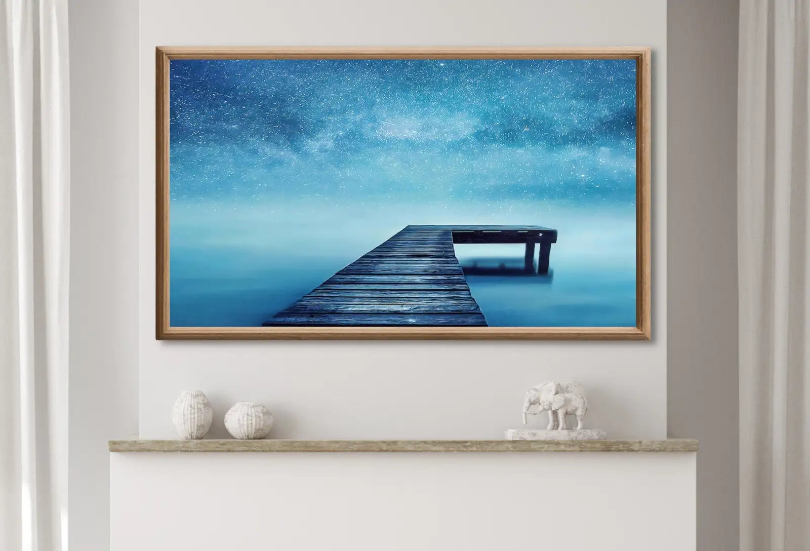 Detail view of artwork from Samsung Frame TV Art 4K Wooden Pier with Starry Night Digital Painting. Lake Landscape Wall Decor. Instant Download Art for the Frame TV.. (variation 2)