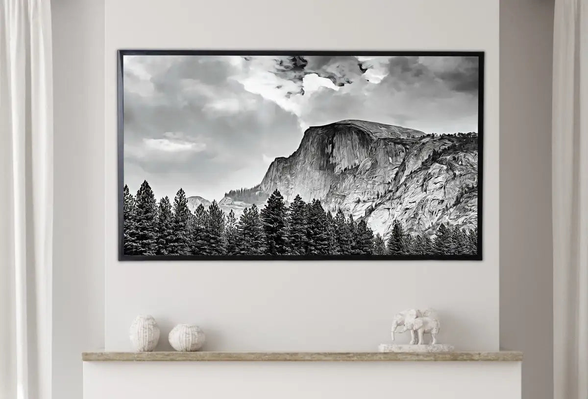 Detail view of artwork from Samsung Frame TV Art 4K Yosemite National Park Mountain Digital Painting. Instant Download Black and White Art for TV. Nature Wall Art. (variation 2)