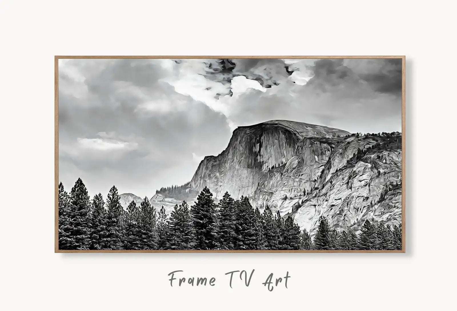Samsung Frame TV Art 4K Yosemite National Park Mountain Digital Painting. Instant Download Black and White Art for TV. Nature Wall Art displayed on Samsung Frame TV on a living room wall.