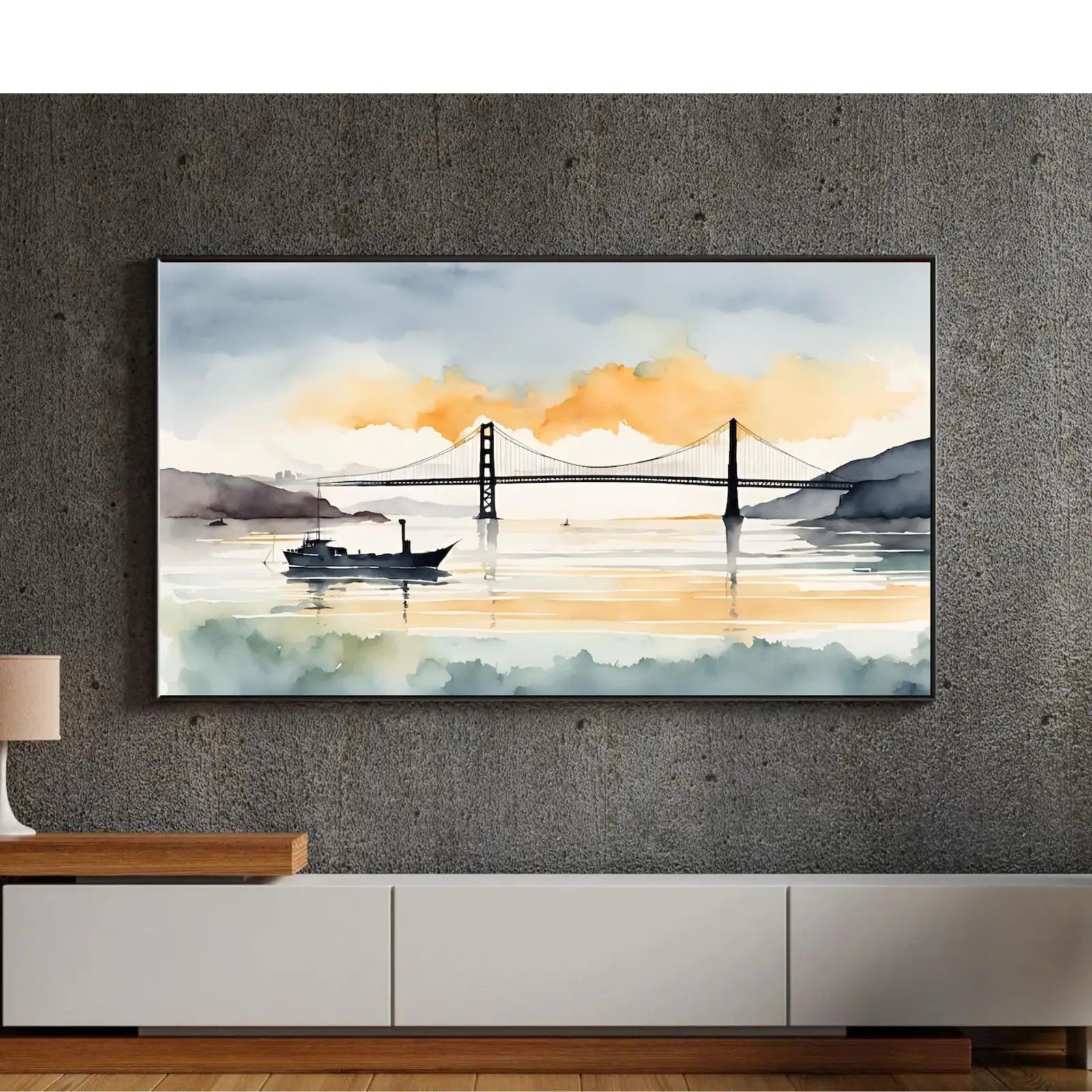 Included artwork preview showing first selection of artworks from San Francisco Art For Frame TV. Golden Gate Decor For Modern Artwork. Bay Watercolor Urban Landscape 4K Wall Art.