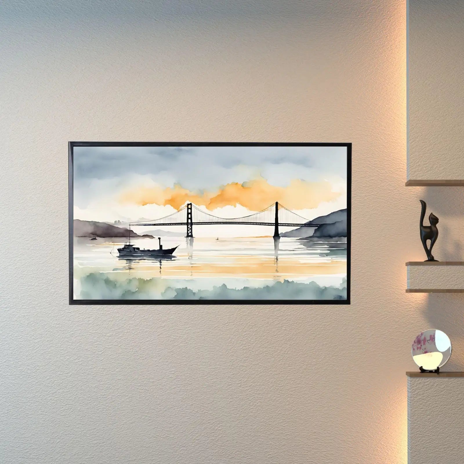 Detail view of artwork from San Francisco Art For Frame TV. Golden Gate Decor For Modern Artwork. Bay Watercolor Urban Landscape 4K Wall Art. (variation 1)