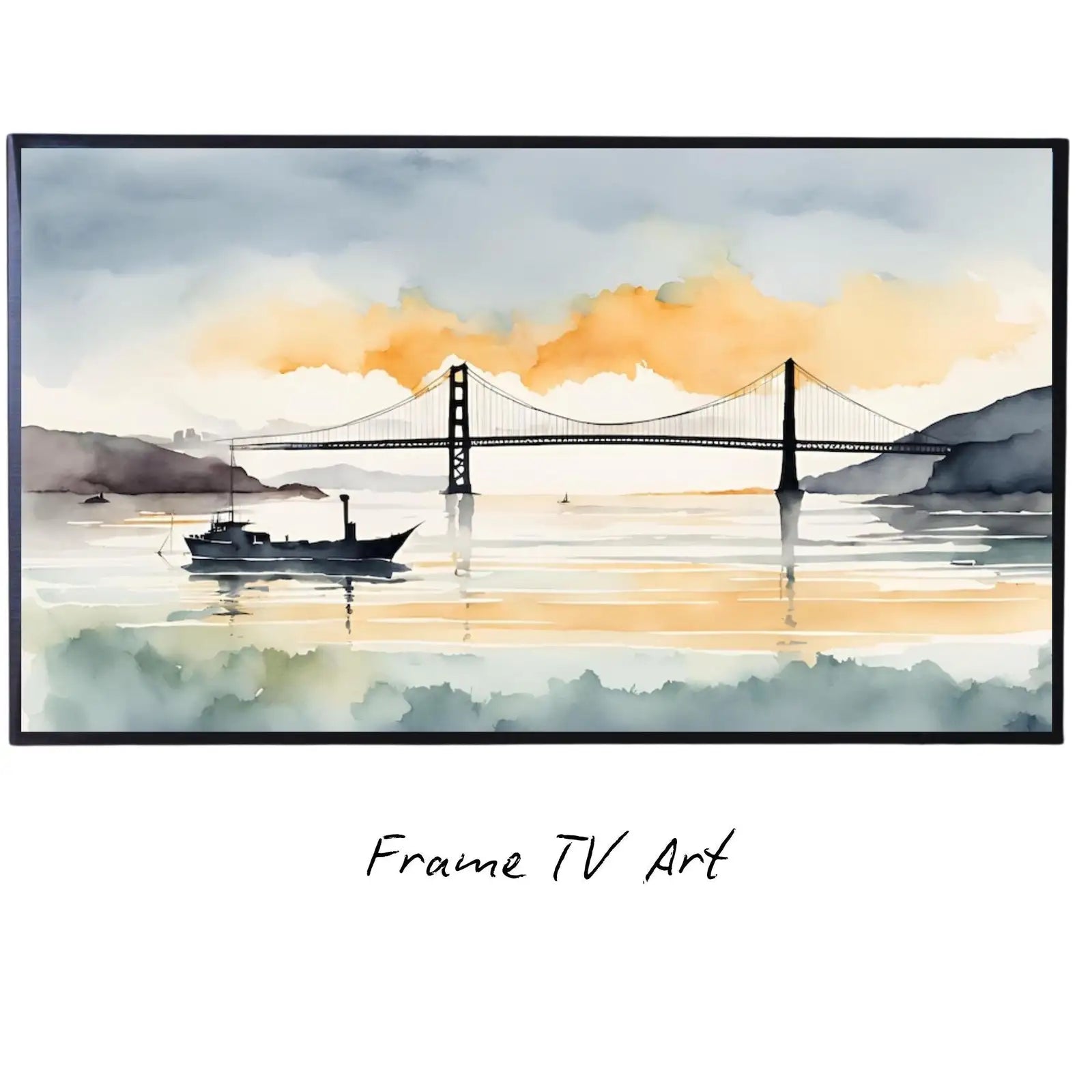 San Francisco Art For Frame TV. Golden Gate Decor For Modern Artwork. Bay Watercolor Urban Landscape 4K Wall Art displayed on Samsung Frame TV on a living room wall.
