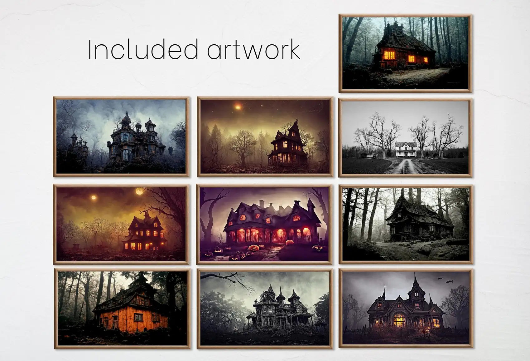 Included artwork preview showing first selection of artworks from Set of 10 Halloween Samsung Frame TV 4K Art. Creepy Haunted Houses in Dark Forests. Horror Art. Instant Download Frame TV Halloween Art Set..