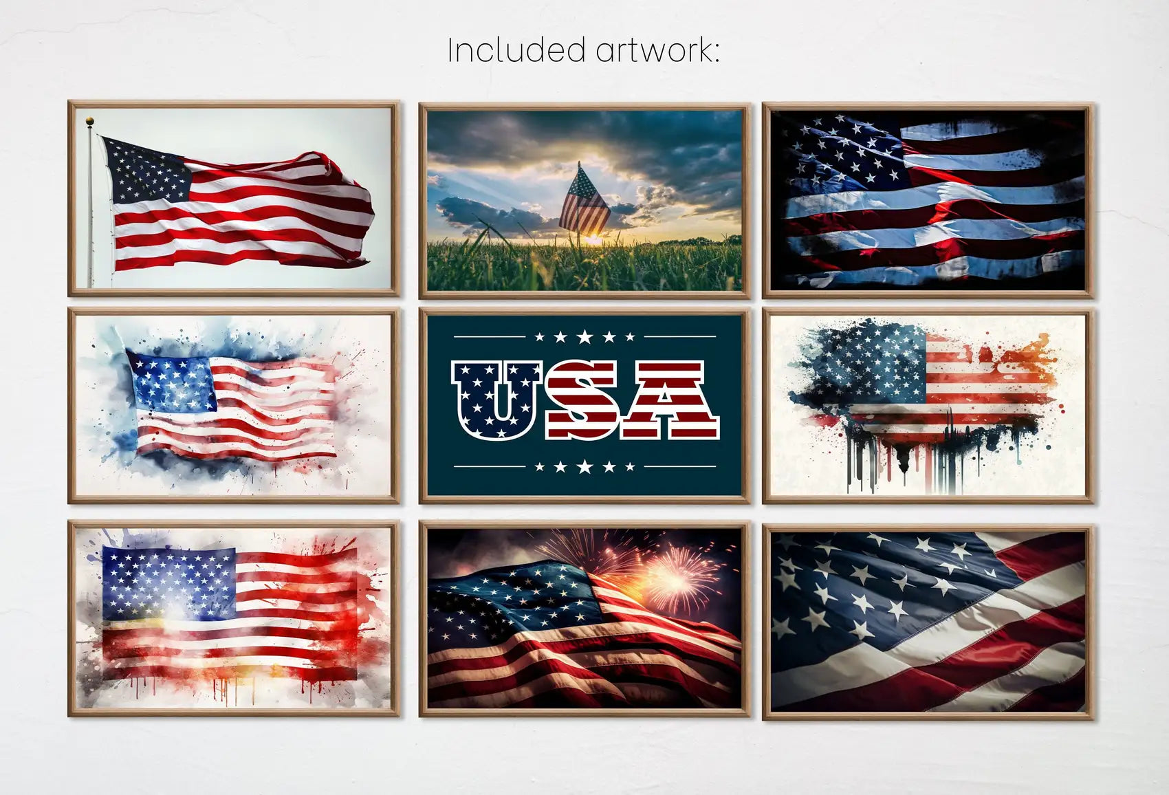 Included artwork preview showing first selection of artworks from Set of 15 Samsung Frame TV 4K Art. Independence Day 4th of July Decor. Patriotic USA American Flags Art Set. Instant Download Frame TV Art.