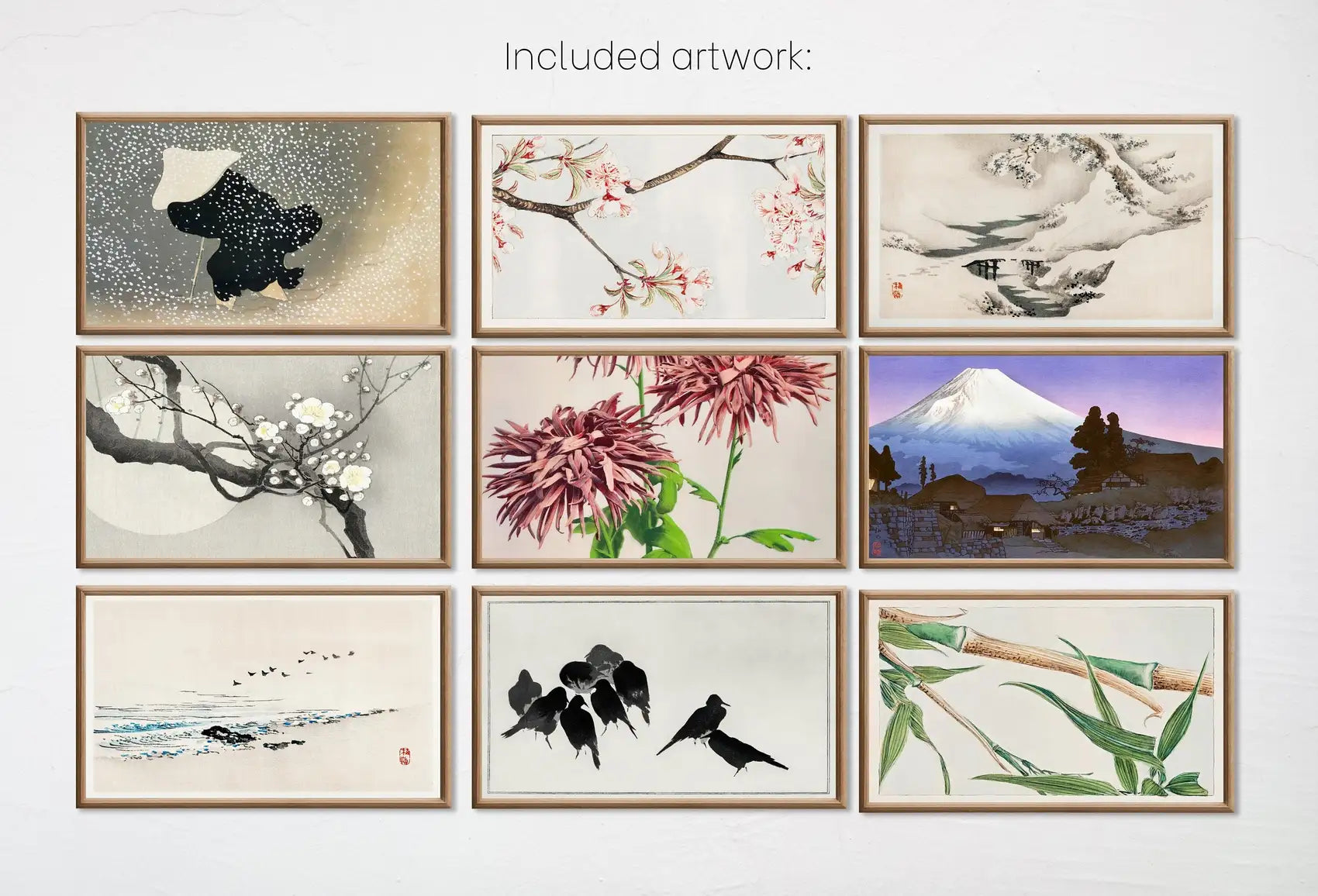 Included artwork preview showing first selection of artworks from Set of 15 Samsung Frame TV 4K Art. Vintage Japanese Paintings Collection. Antique Japanese Art Set. Instant Download Japanese Frame TV Art.