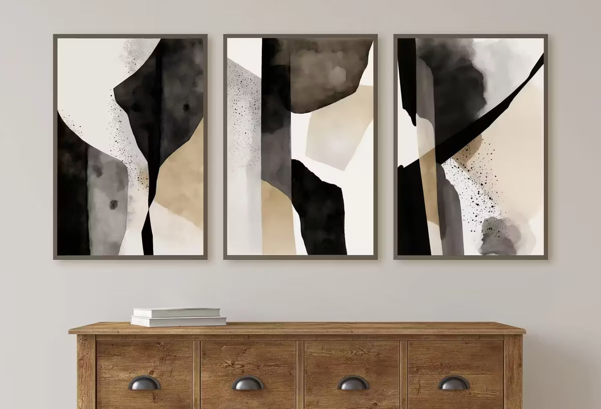 Set of 3 Art Prints. Black and White Minimalist Abstract Poster Set. Neutral Gallery Wall. Black & Beige Wall Art. Contemporary Modern Art