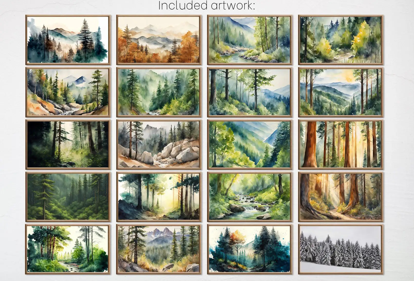 Included artwork preview showing first selection of artworks from Set of 40 Frame TV Art Forest Wall Art Landscape Paintings. Instant Download. Green Nature and Mountain Decor for Samsung Frame TV.