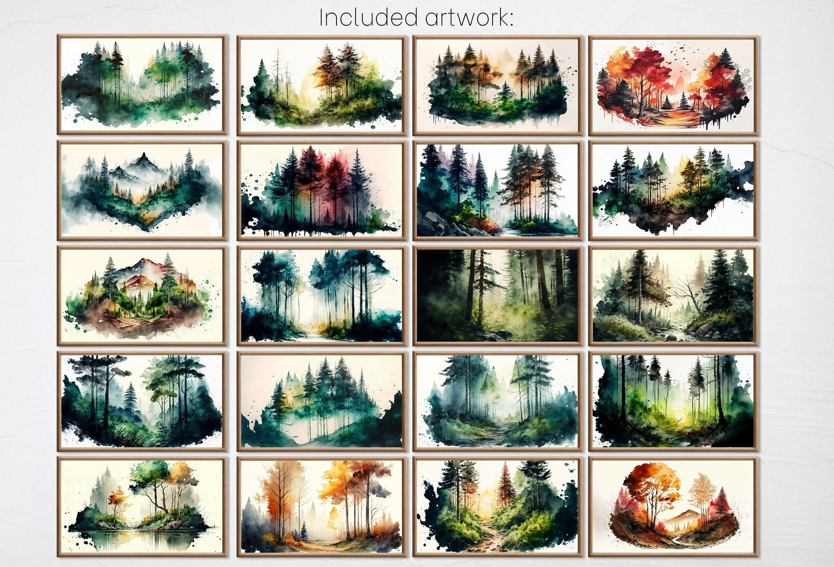 Included artwork preview showing first selection of artworks from Set of 40 Samsung Frame TV 4K Art. Forests Landscape Watercolor Paintings. Nature Collection TV Art Set. Instant Download Frame TV Art.