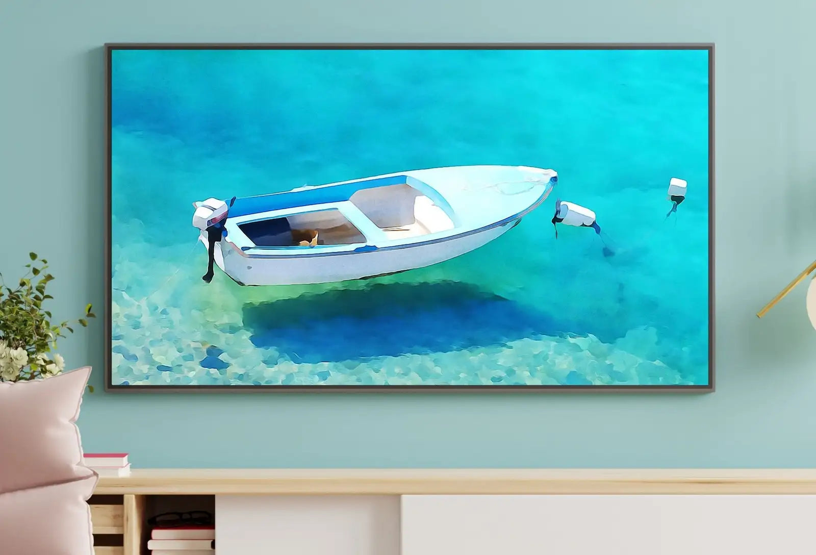 Second included artwork preview from Small Boat Floating at Sea Landscape Painting, Frame TV Art Digital Download, Digital Art for Tv, Colorful Art for Frame TV featuring various scenes.