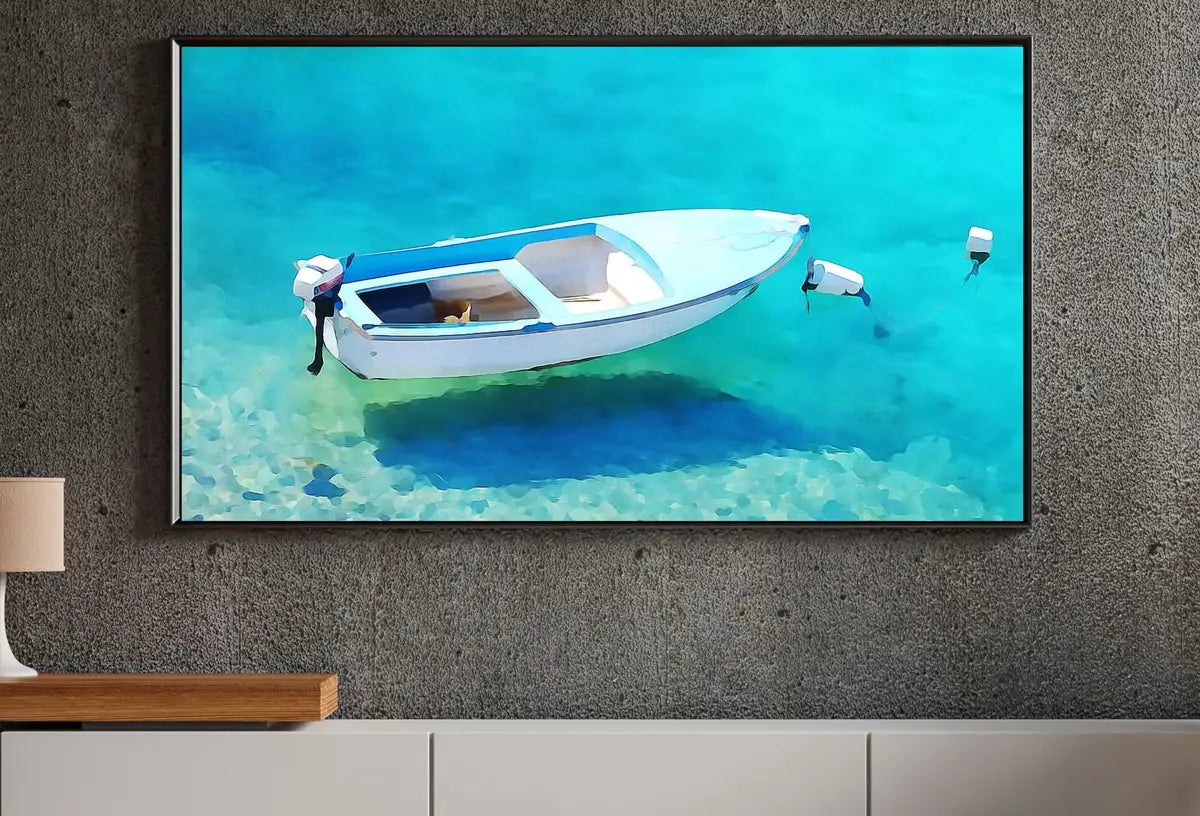 Detail view of artwork from Small Boat Floating at Sea Landscape Painting, Frame TV Art Digital Download, Digital Art for Tv, Colorful Art for Frame TV. (variation 2)