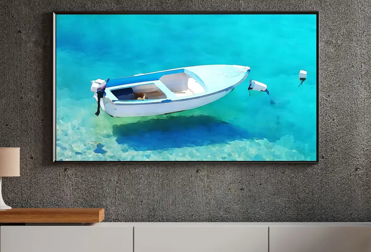 Small Boat Floating at Sea Landscape Painting, Frame TV Art , Digital Art for Tv, Colorful Art for Frame TV – Frame TV  Art