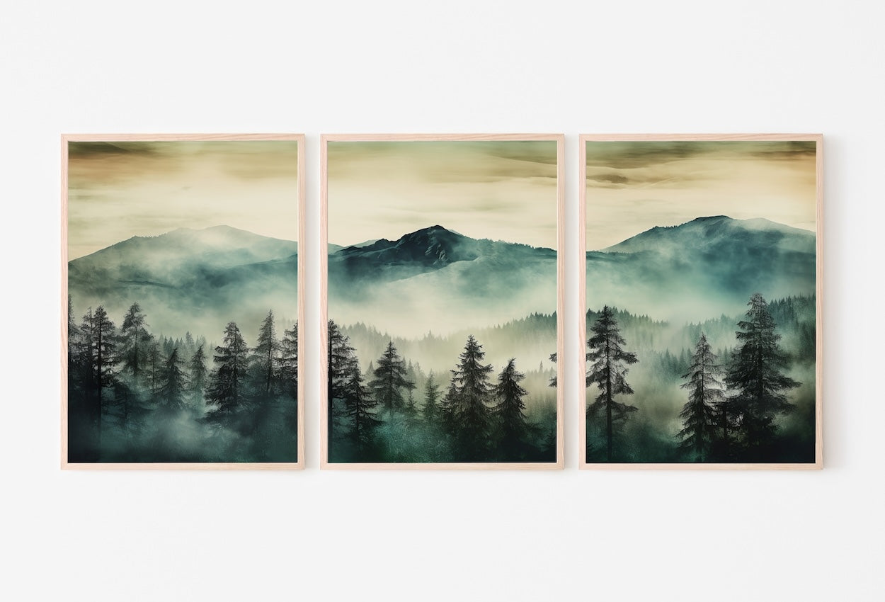 3 Piece Wall Art Sage Green Mountain | Watercolor Mountain Landscape | Abstract Nature Print | Modern Minimal Decor