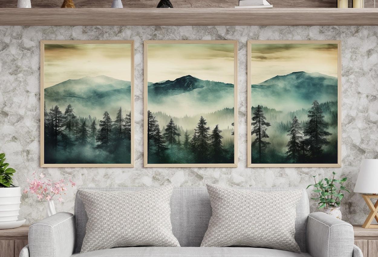 3 Piece Wall Art Sage Green Mountain | Watercolor Mountain Landscape | Abstract Nature Print | Modern Minimal Decor