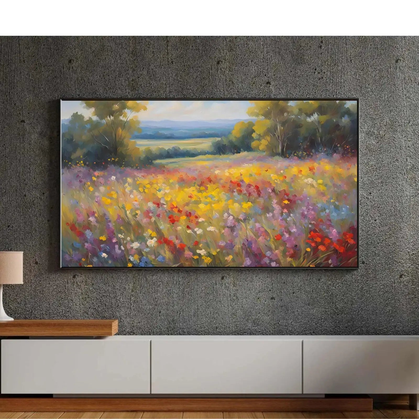 Included artwork preview showing first selection of artworks from Spring Wildflowers Field Art. Original Oil Painting for Frame TV. Landscape Decor for Home Design.