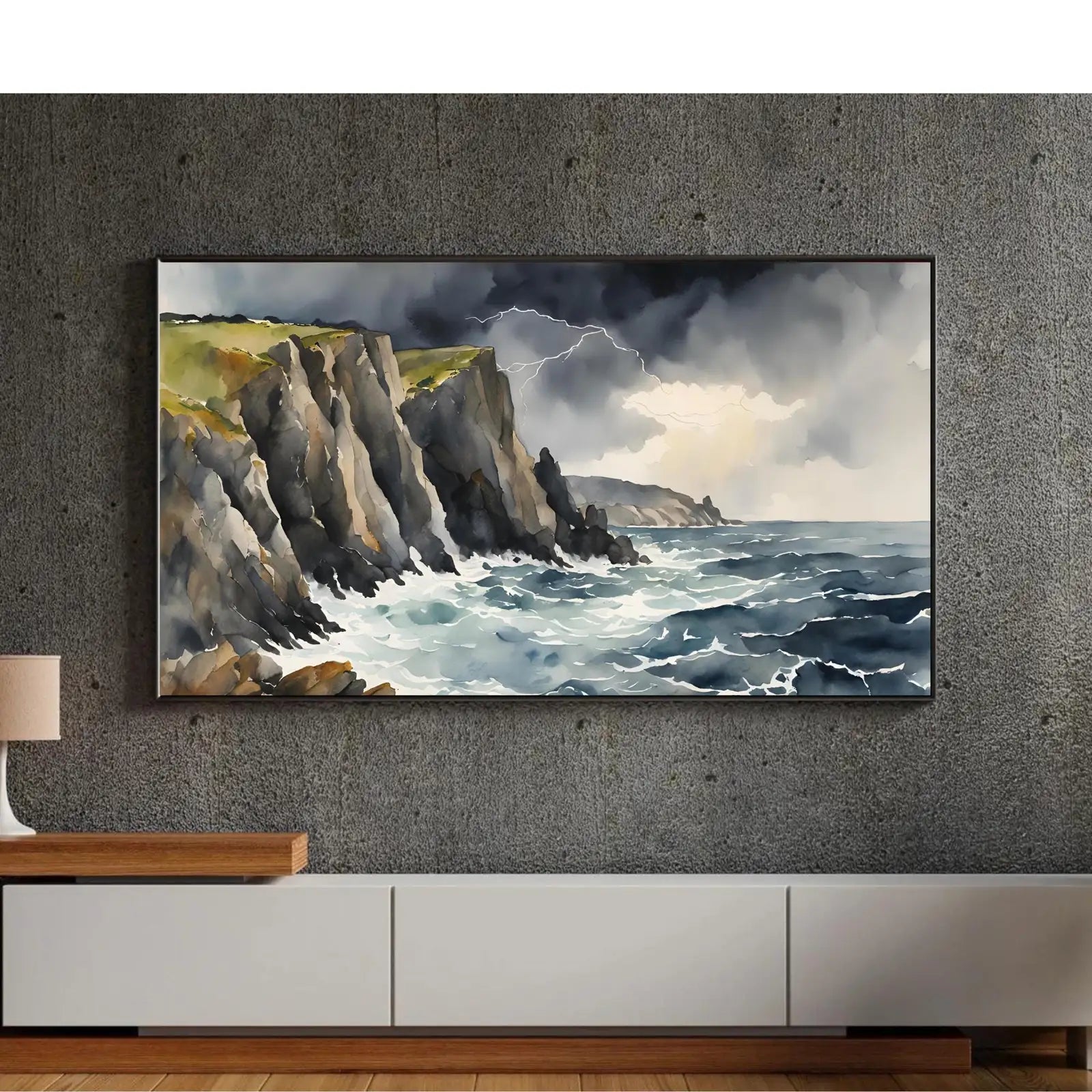 Included artwork preview showing first selection of artworks from Storm Cliffs Art For Frame TV. Coastal Landscape Wall Art. 4K Watercolor Decor For Samsung Frame TV..
