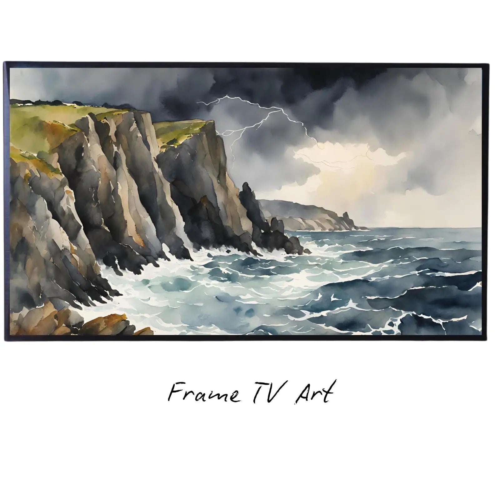 Storm Cliffs Art For Frame TV. Coastal Landscape Wall Art. 4K Watercolor Decor For Samsung Frame TV. displayed on Samsung Frame TV on a living room wall.