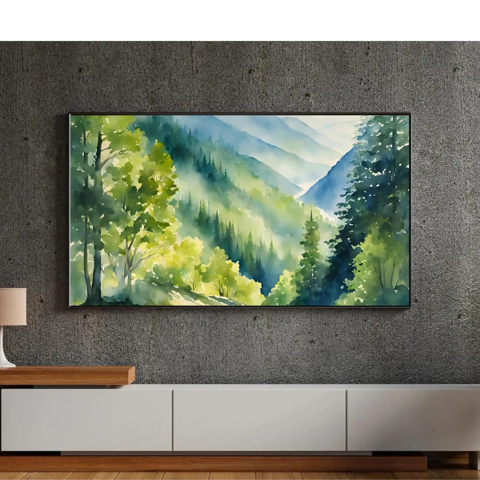 Included artwork preview showing first selection of artworks from Sunlight In The Forest Art For Samsung Frame TV I Mountain Watercolor Landscape Decor I Nature Inspired Frame TV Artwork.