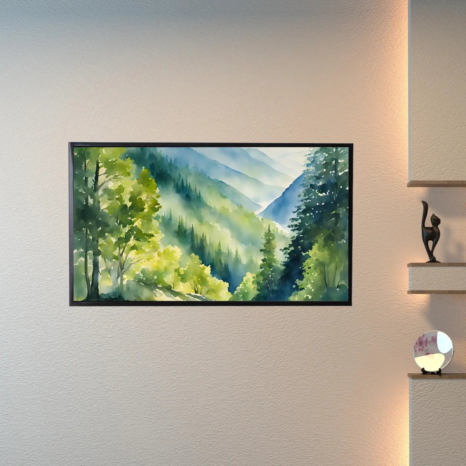Detail view of artwork from Sunlight In The Forest Art For Samsung Frame TV I Mountain Watercolor Landscape Decor I Nature Inspired Frame TV Artwork. (variation 1)