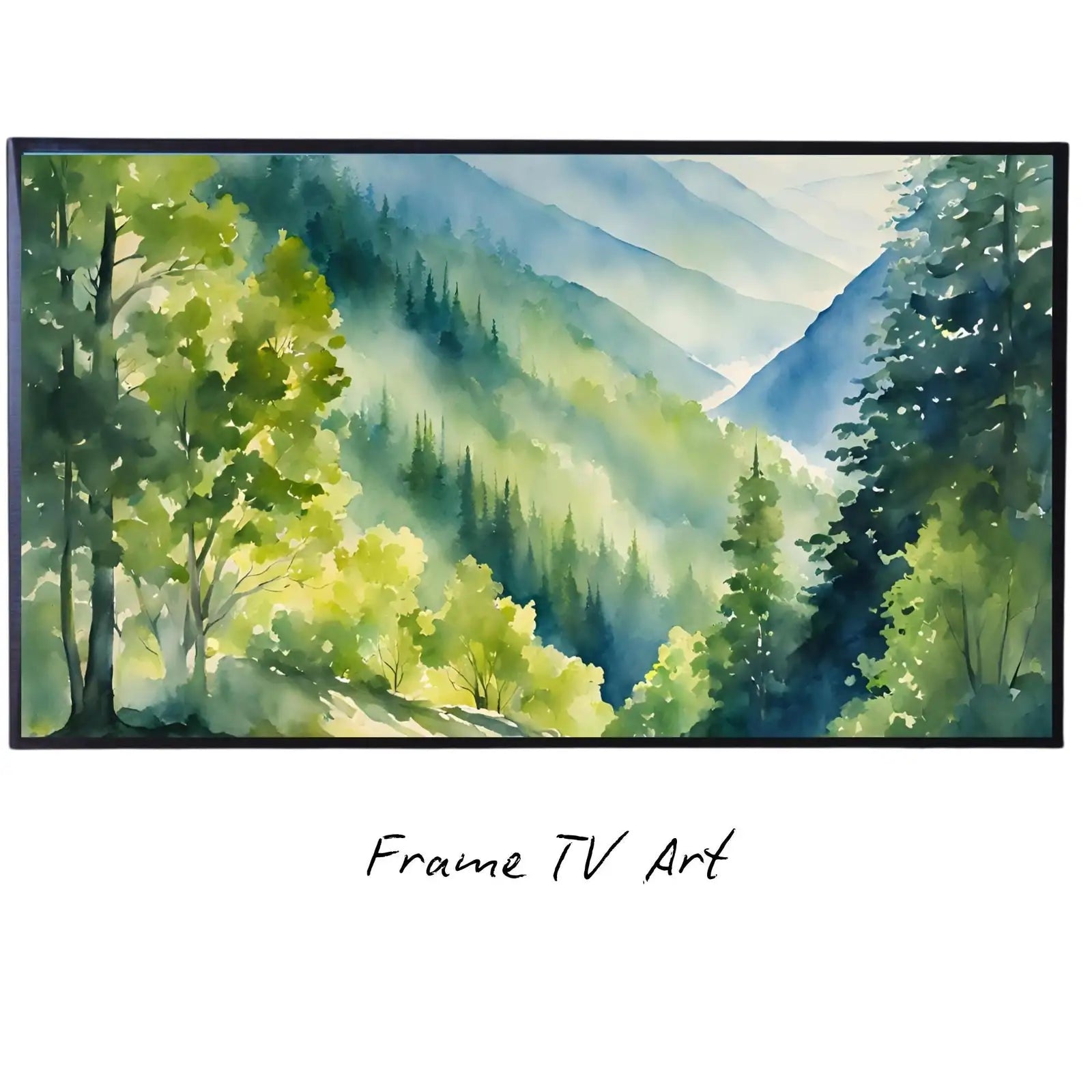 Sunlight In The Forest Art For Samsung Frame TV I Mountain Watercolor Landscape Decor I Nature Inspired Frame TV Artwork displayed on Samsung Frame TV on a living room wall.