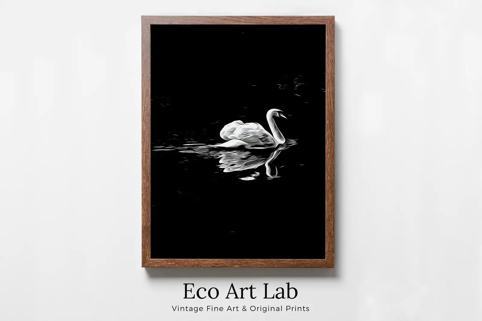 Framed view of Swan in Dark Waters Vertical Printable Wall Art, Home or Office Decor, Animal Painting Nature Print Digital Art Download, Black and White – printable wall art digital download.