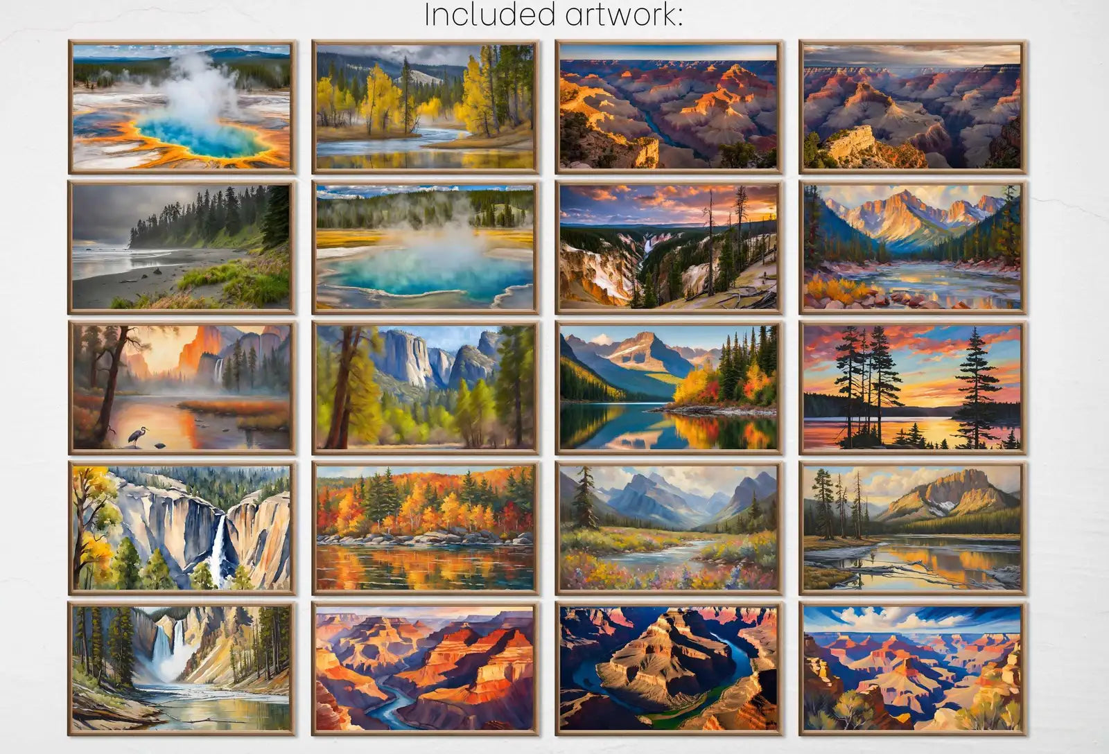 Included artwork preview showing first selection of artworks from US National Parks Frame TV Art Set of 40. Mountain Wall Art Original Landscape Paintings National Parks Nature Wall Art For Samsung Frame TV.