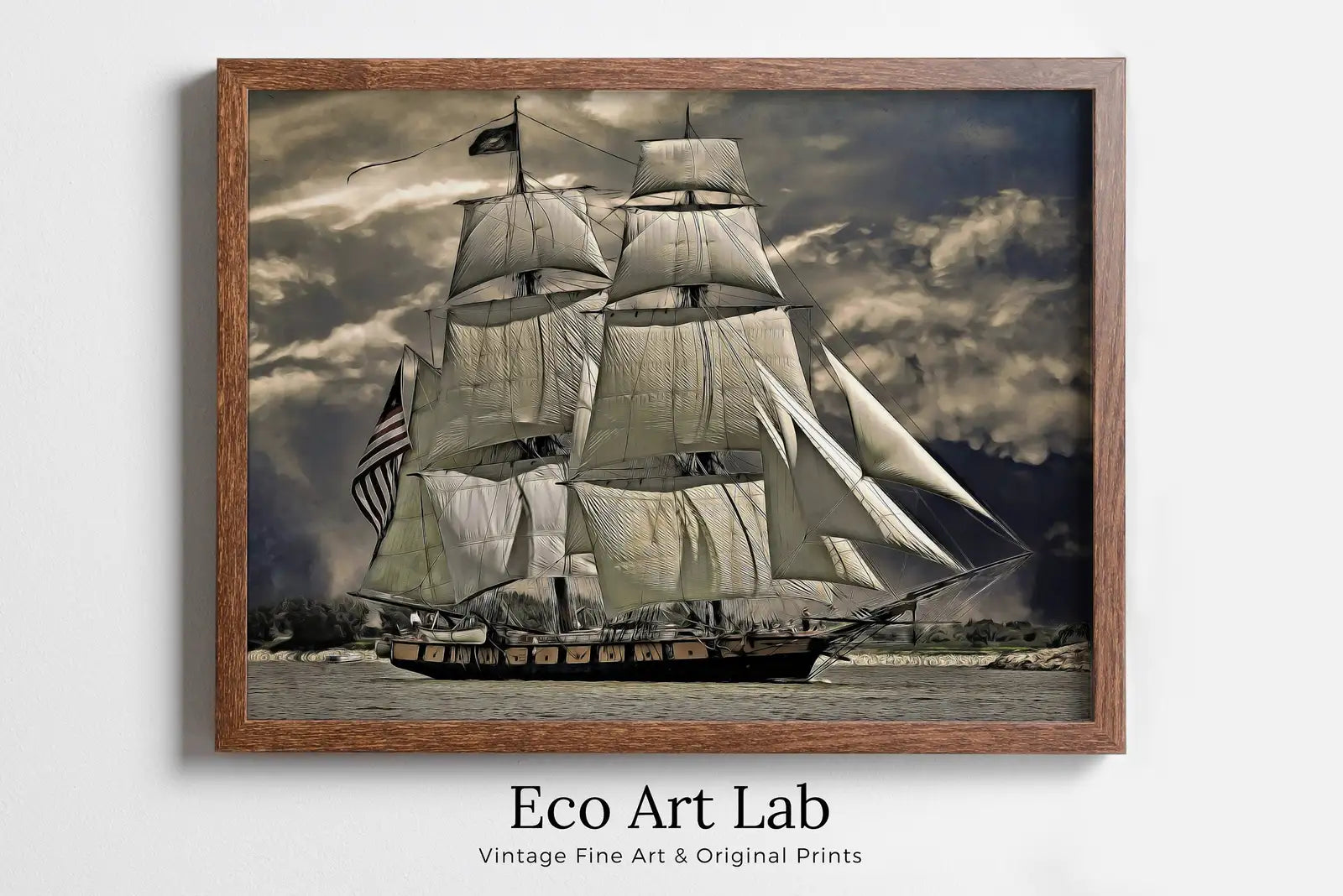 Framed view of USS Constitution "Old Ironsides" Sailing Ship at Full Sail. Sailboat Print, Printable Wall Art Digital Print, Nautical Wall Decor Boat Print – printable wall art digital download.