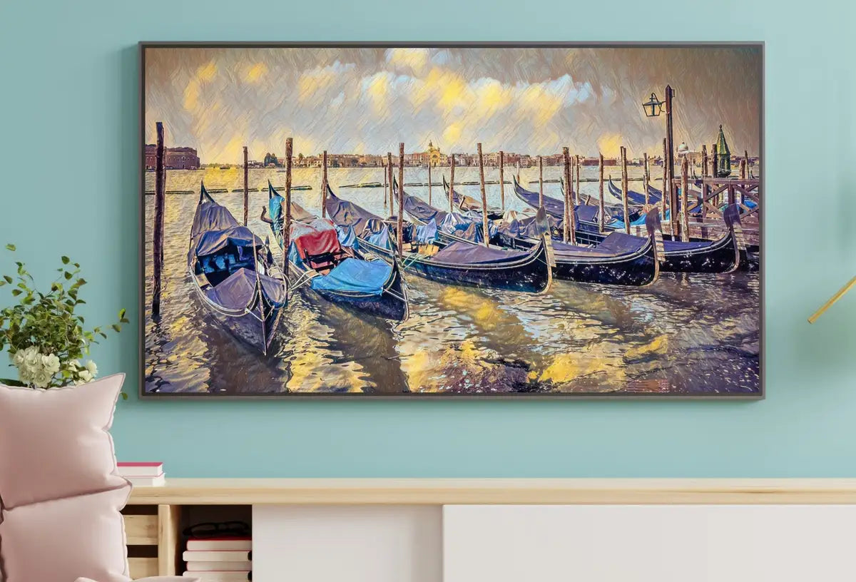 Detail view of artwork from Venice Gondolas on Canal Landscape Painting, Frame TV Art Digital Download, Digital Art for Tv, Colorful Art for Frame TV. (variation 2)