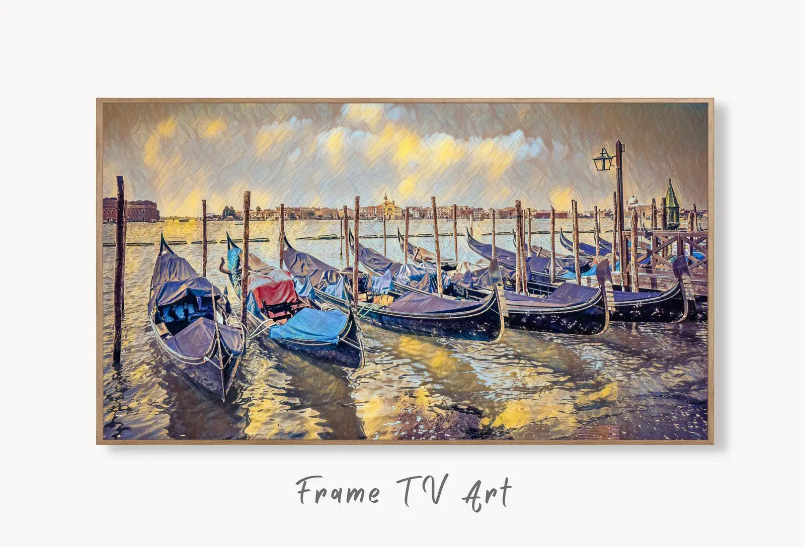 Venice Gondolas on Canal Landscape Painting, Frame TV Art Digital Download, Digital Art for Tv, Colorful Art for Frame TV displayed on Samsung Frame TV on a living room wall.