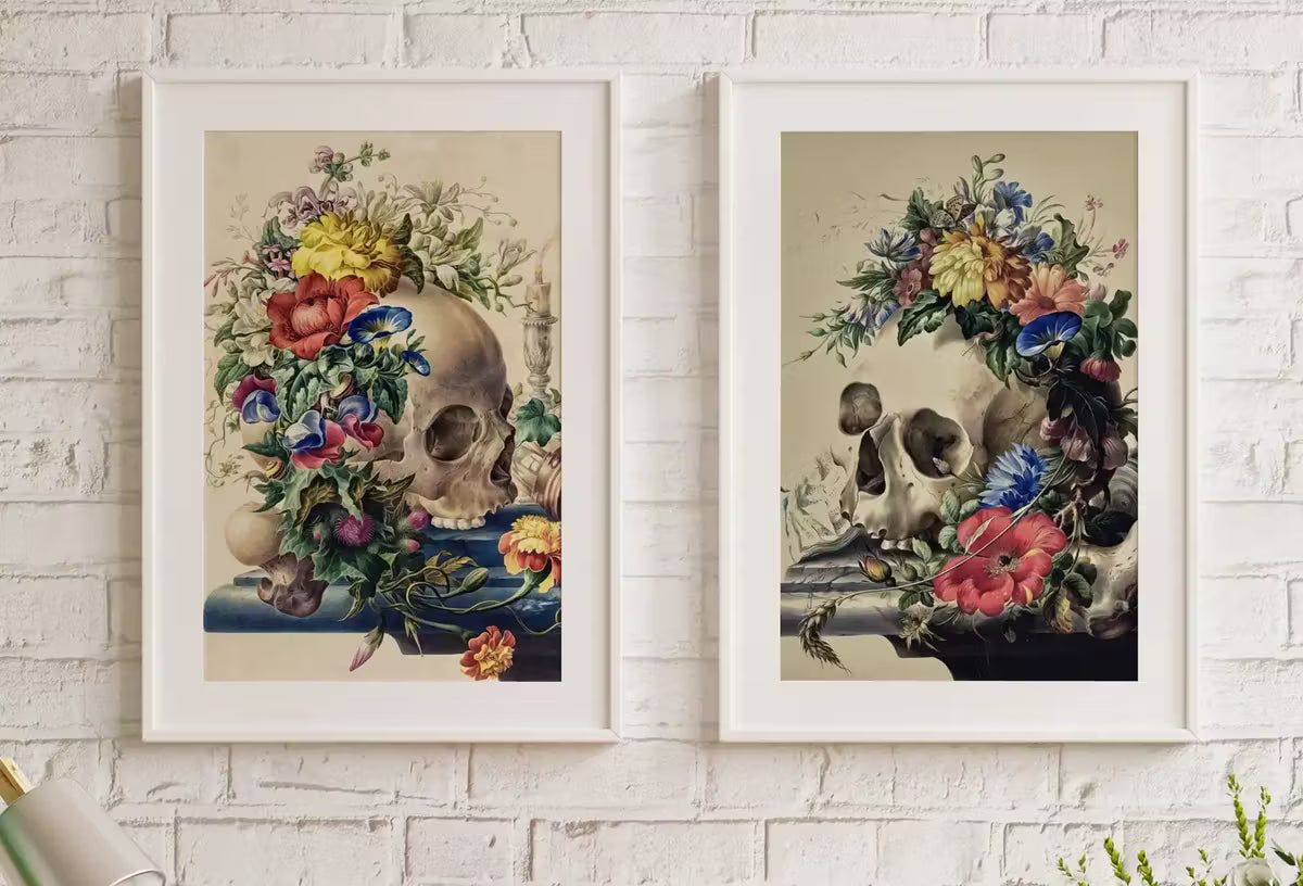 Vintage Skull Painting Set of 2 Prints. Printable Wall Art, Skull With Colorful Flowers, Floral Skull Print 2 Piece Wall Art. Skull Poster – Printable Wall Art Set