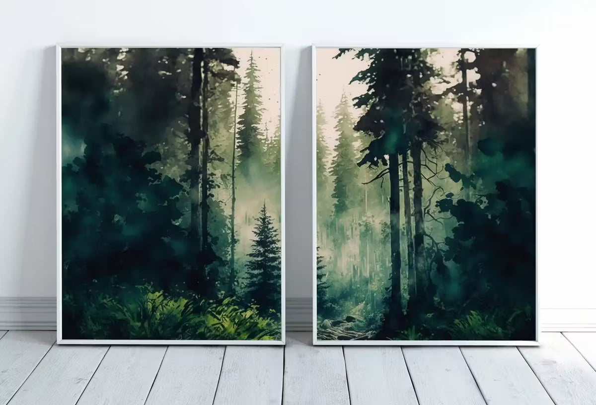 Watercolor Dense Forest Landscape Printable. Printable Wall Art. Set of 2 Prints. Green Forest Trees Painting. Nature Decor. Forest Art – Printable Wall Art Set