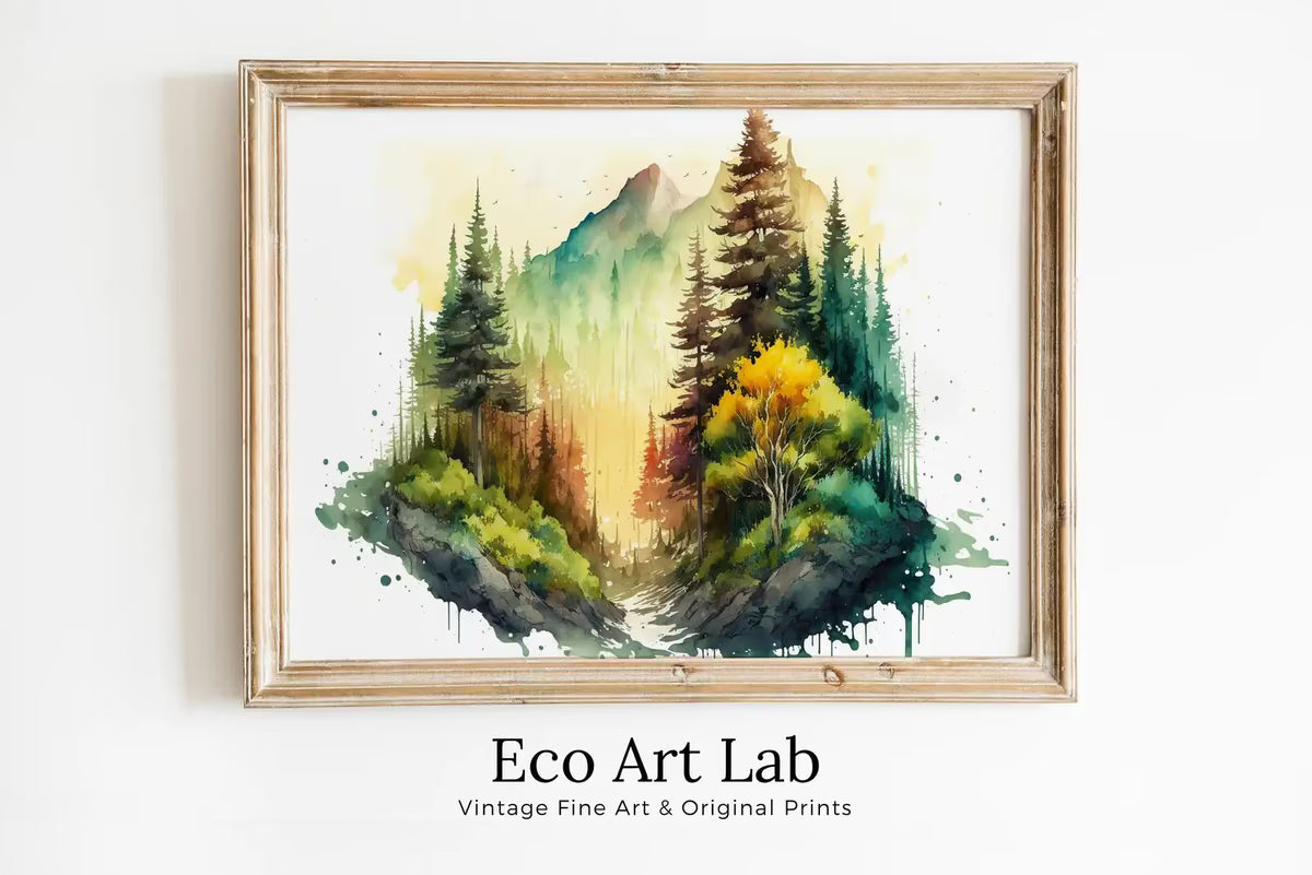 Watercolor Forest Landscape Printable. Digital Art. Green Forest Trees Painting Print. Printable Wall Art. Nature Decor. Mountain Forest Art – Printable Wall Art