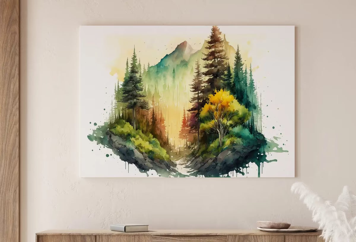 Watercolor Forest Landscape Printable. Digital Art. Green Forest Trees Painting Print. Printable Wall Art. Nature Decor. Mountain Forest Art – Printable Wall Art