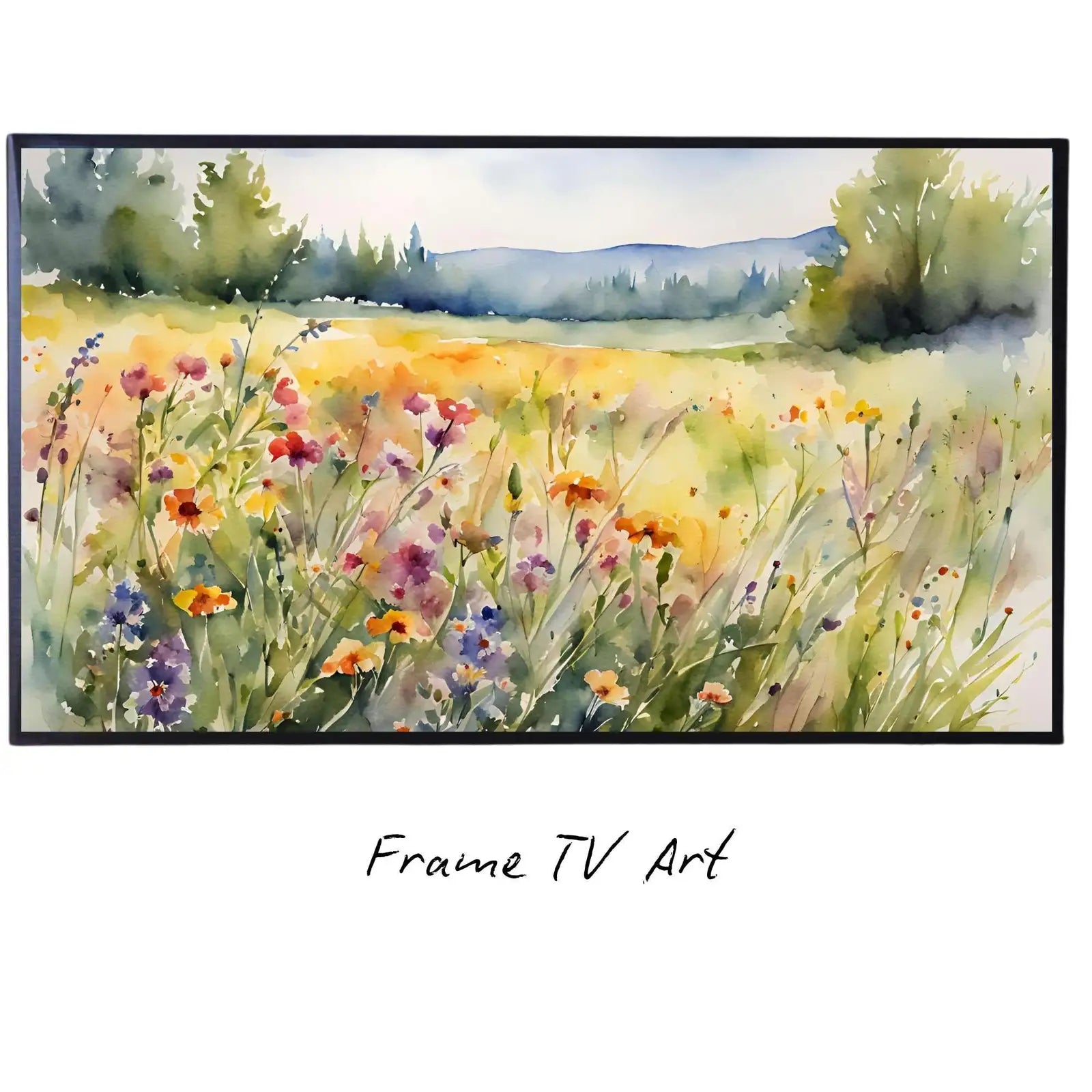 Watercolor Frame TV Art. Wildflowers Art for Modern Home Decor. Colorful Botanical Nature Artwork for Samsung Frame TV displayed on Samsung Frame TV on a living room wall.