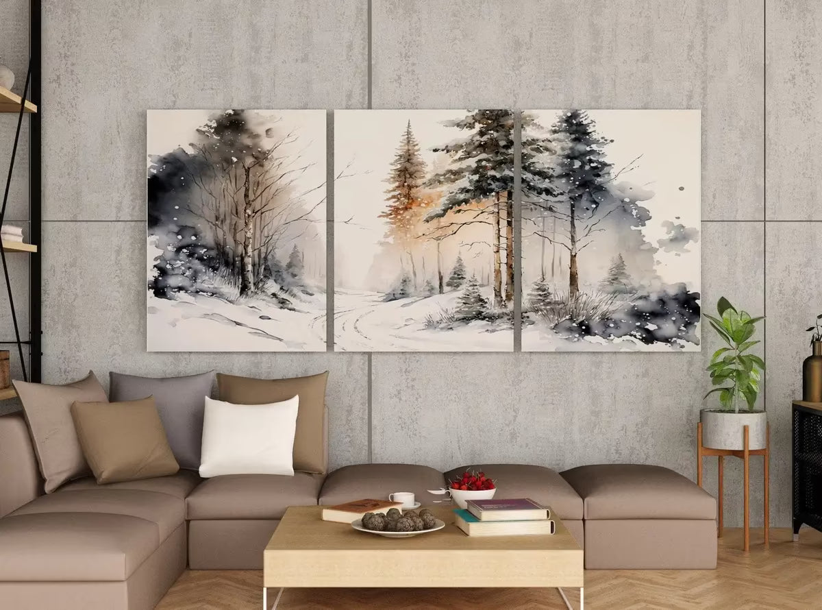 Winter Forest Landscape Printable. 3 Piece Wall Art. Snowy Forest Watercolor Painting. Printable Wall Art. Set of 3 Prints. Gallery Wall Set – Printable Wall Art Set
