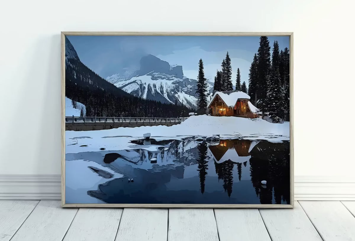 Winter Log Cabin in Snowy Mountains. Landscape Digital Painting. Printable Wall Art. Home or Office Decor Nature Art Print. Instant Download – Printable Wall Art