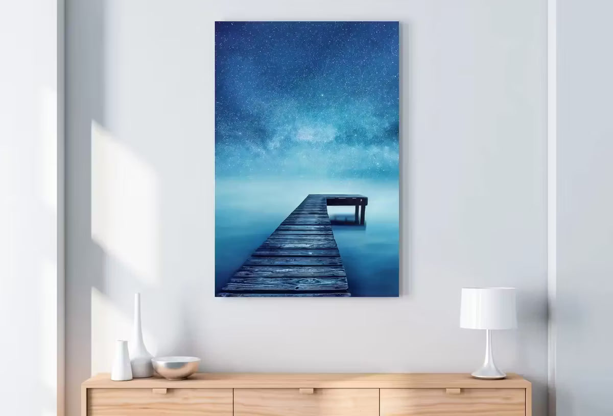 Wooden Pier at Night Printable Wall Art, Wooden Pier Print, Pier on Lake Print, Starry Night Sky Lake Landscape Wall Decor, Wood Jetty – Printable Wall Art