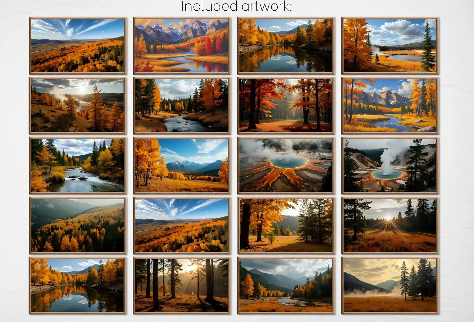 Included artwork preview showing first selection of artworks from Yellowstone Fall Frame TV Art - National Park Fall Wall Art - Yellowstone Autumn Landscape and Mountain Art - Samsung Frame TV Art Set of 40.