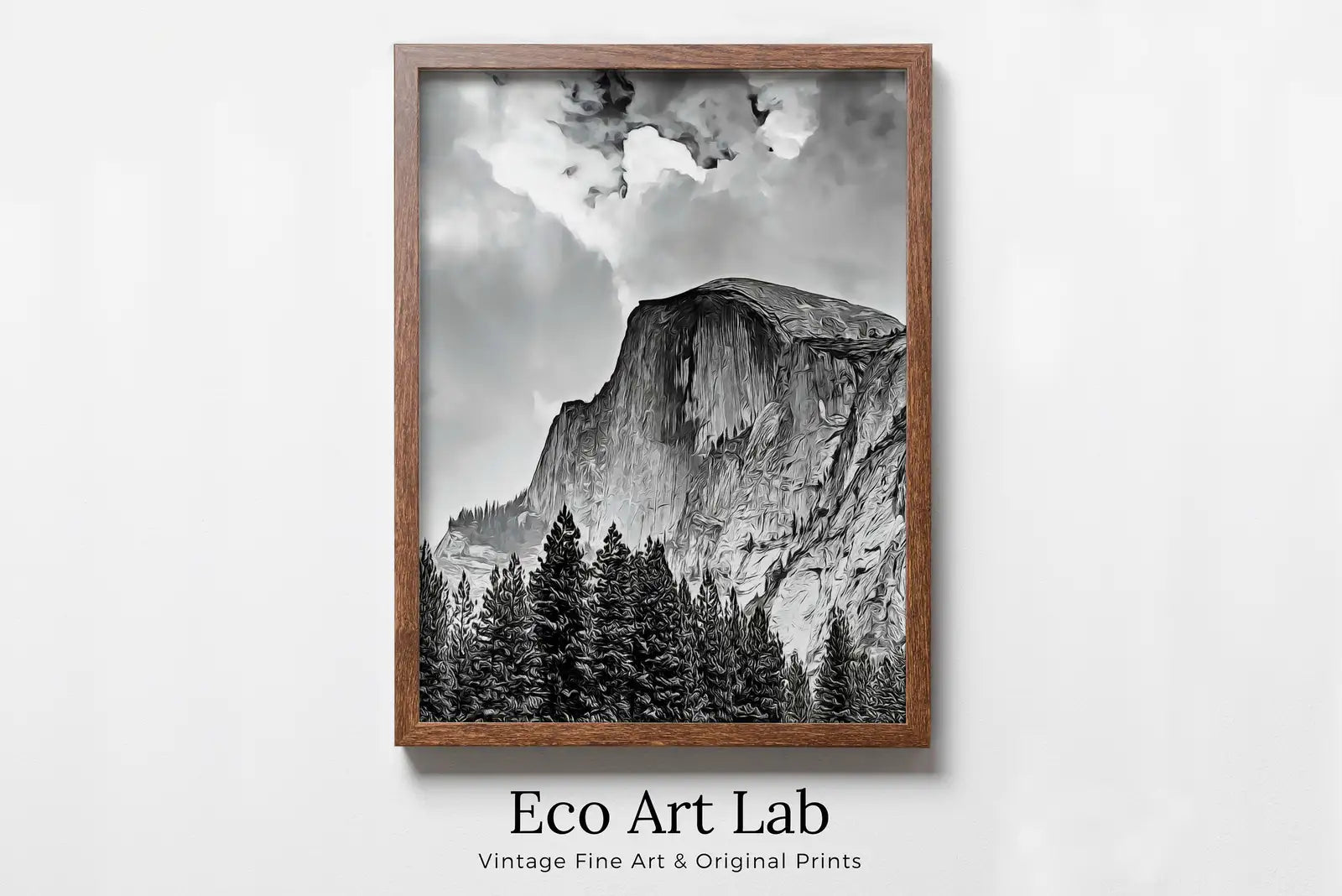 Affiche murale Yosemite : Une impression murale verticale en noir et blanc représentant le parc national de Yosemite. Téléchargement instantané.
