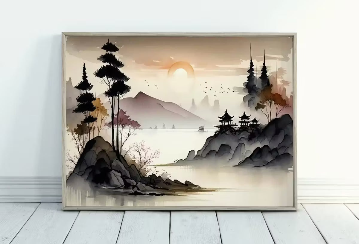 Zen Printable Nature Art. Abstract Japanese Mountain Watercolor Painting. Colorful Forest Landscape. Mountain Forest Art. Printable Wall Art – Printable Wall Art