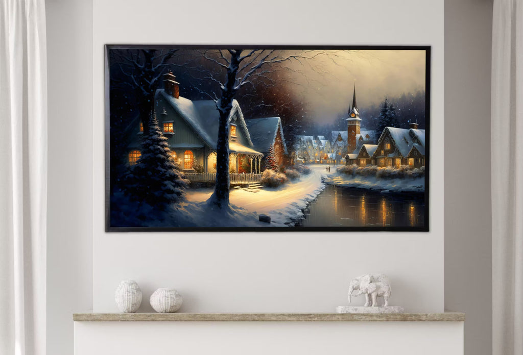 Samsung Frame TV Art 4K Christmas Village | Vintage Holiday Scene Frame TV Art | Winter Town Landscape Painting | Frame TV Digital Download