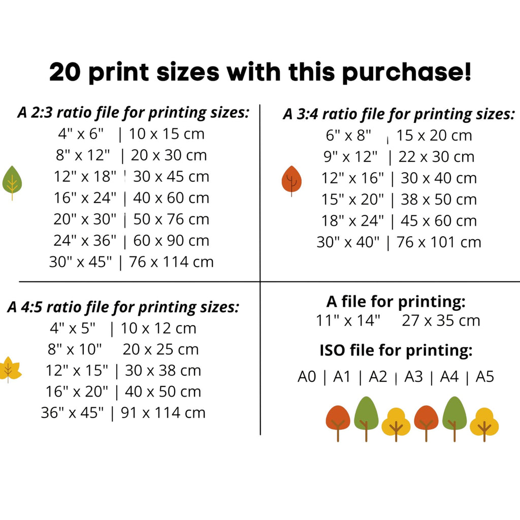 A size chart graphic titled '20 print sizes with this purchase!' showing four sections with different print ratio guides: A 2:3 ratio, A 3:4 ratio, A 4:5 ratio, and an ISO file. Each section lists multiple print sizes in inches and centimeters with small tree icons next to them.